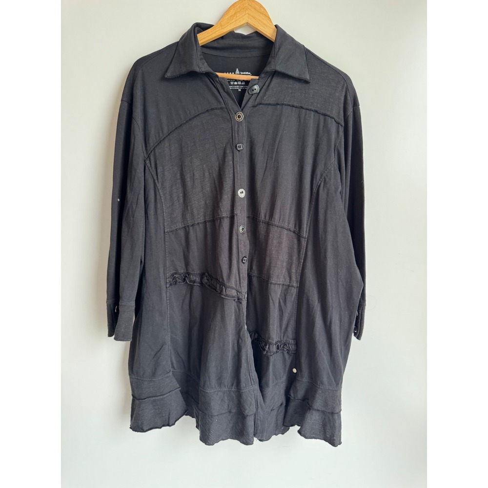 Neon Buddha Black Cotton Tunic Top 3X Boho Lagenlook Ruffle Button Down Shacket
